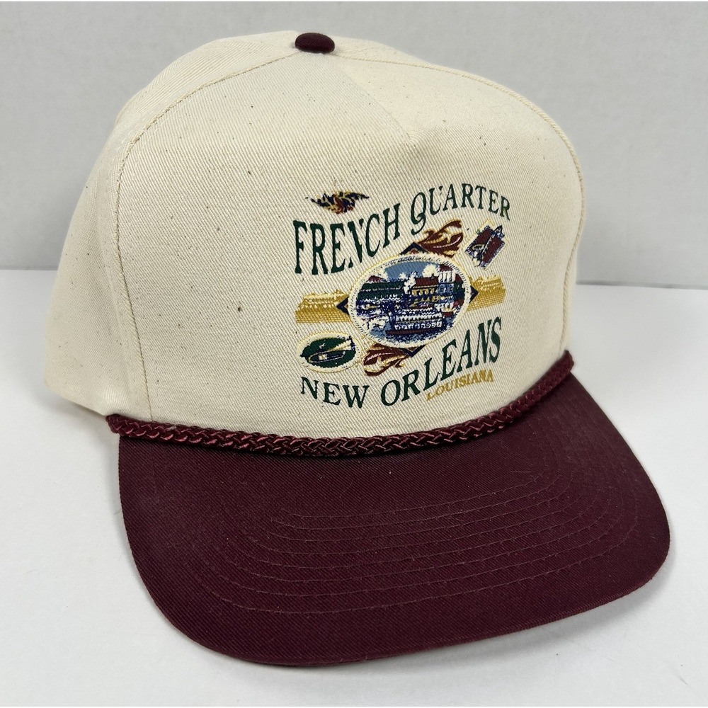Vintage New Orleans French Quarter Braided Hat Cap Burgandy Off White NEW!